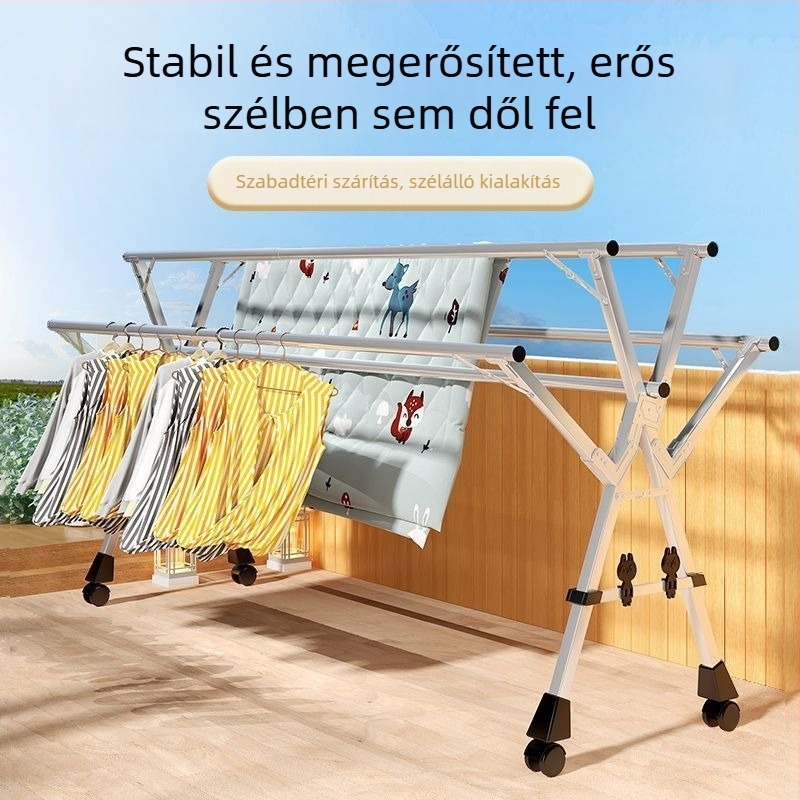 Padlóra álló ruhaszárító állvány öt rúddal, rozsdamentes acélból, beltéri és erkély használatra, összecsukható.