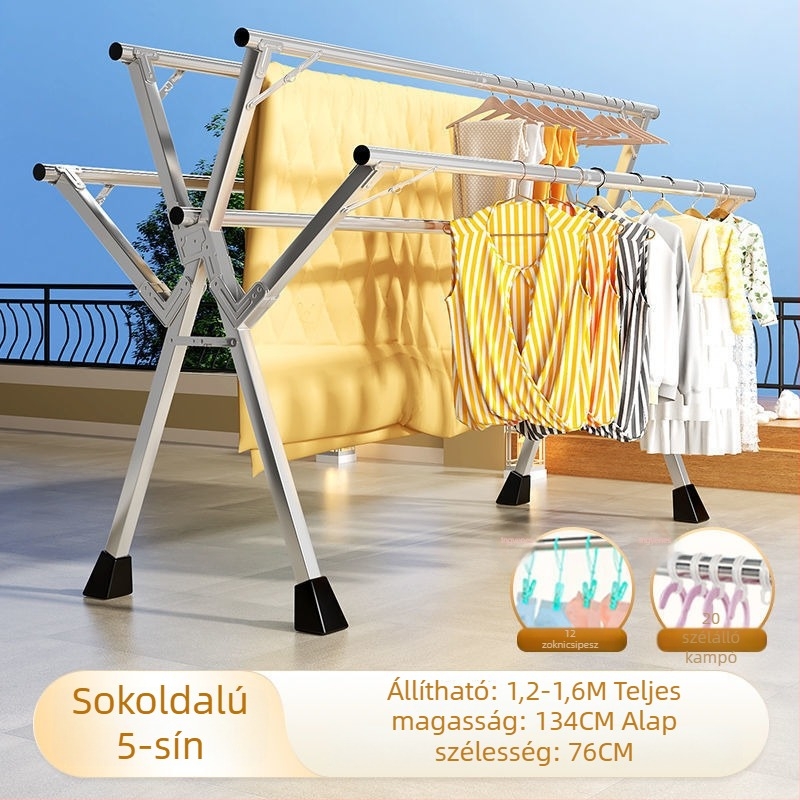 Padlóra álló ruhaszárító állvány öt rúddal, rozsdamentes acélból, beltéri és erkély használatra, összecsukható.