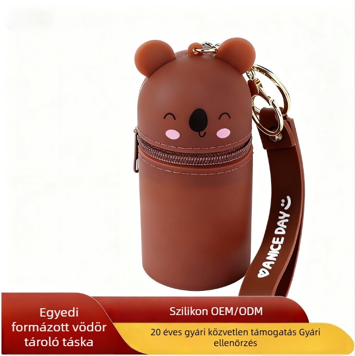 Szilikon hengeres pénztárca fülhallgató-tárolóval és kulcstartóval – anime mintás, makaron szín