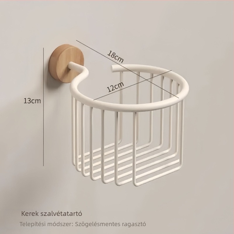 Diófából készült toalettpapír tartó drótos kosárral, falra szerelhető, fúrás nélkül