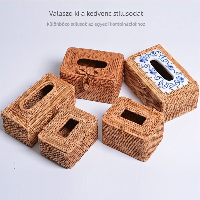 Fedéllel ellátott fa papírzsebkendő-tartó doboz, rattan szövésű, multifunkcionális