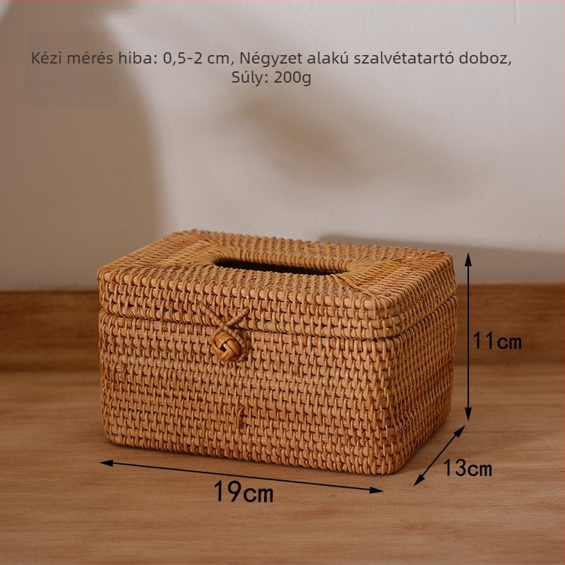 Fedéllel ellátott fa papírzsebkendő-tartó doboz, rattan szövésű, multifunkcionális