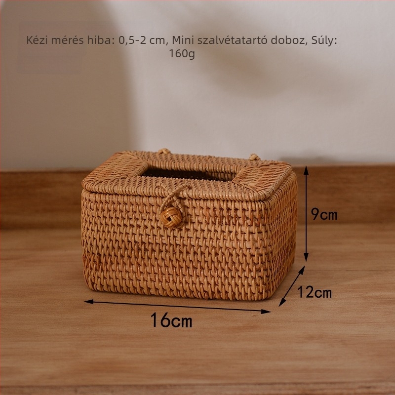 Fedéllel ellátott fa papírzsebkendő-tartó doboz, rattan szövésű, multifunkcionális