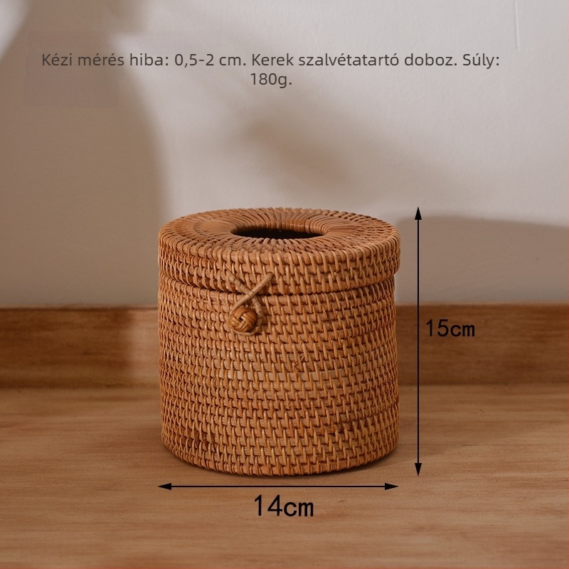 Fedéllel ellátott fa papírzsebkendő-tartó doboz, rattan szövésű, multifunkcionális
