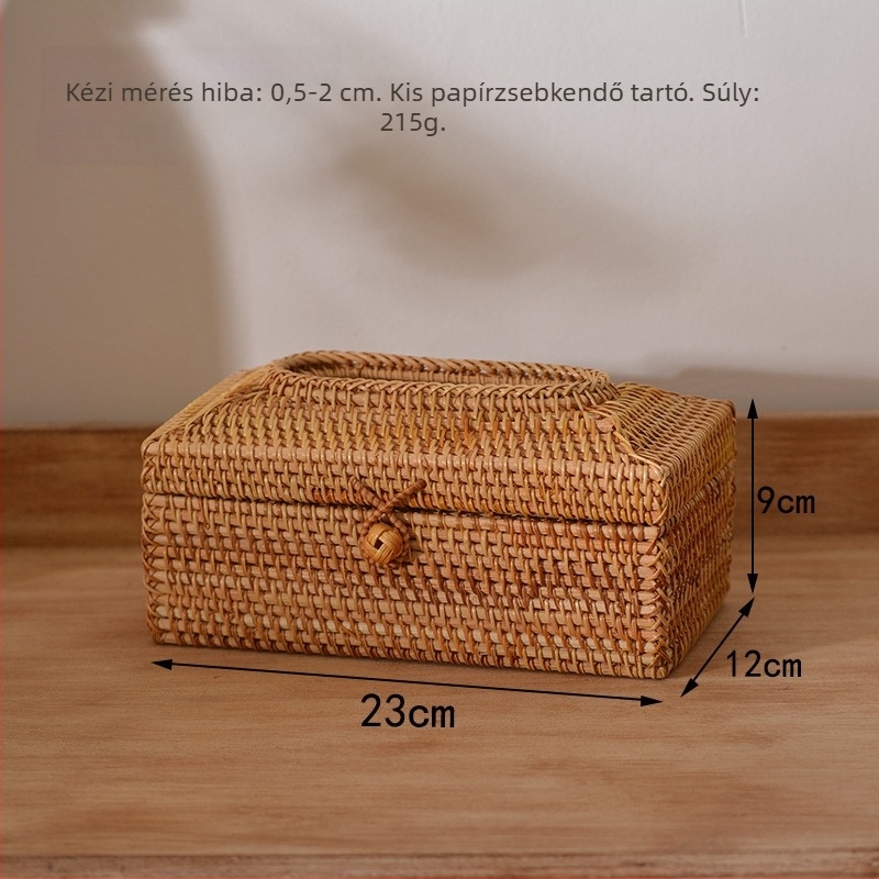 Fedéllel ellátott fa papírzsebkendő-tartó doboz, rattan szövésű, multifunkcionális