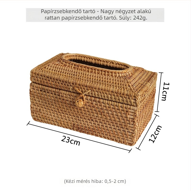 Fedéllel ellátott fa papírzsebkendő-tartó doboz, rattan szövésű, multifunkcionális