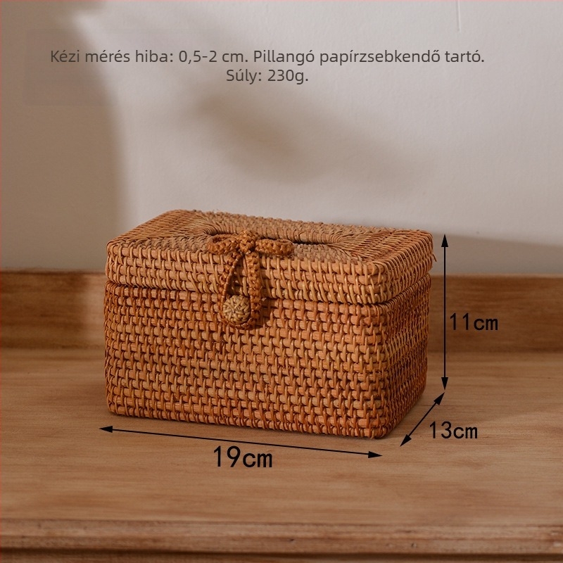 Fedéllel ellátott fa papírzsebkendő-tartó doboz, rattan szövésű, multifunkcionális