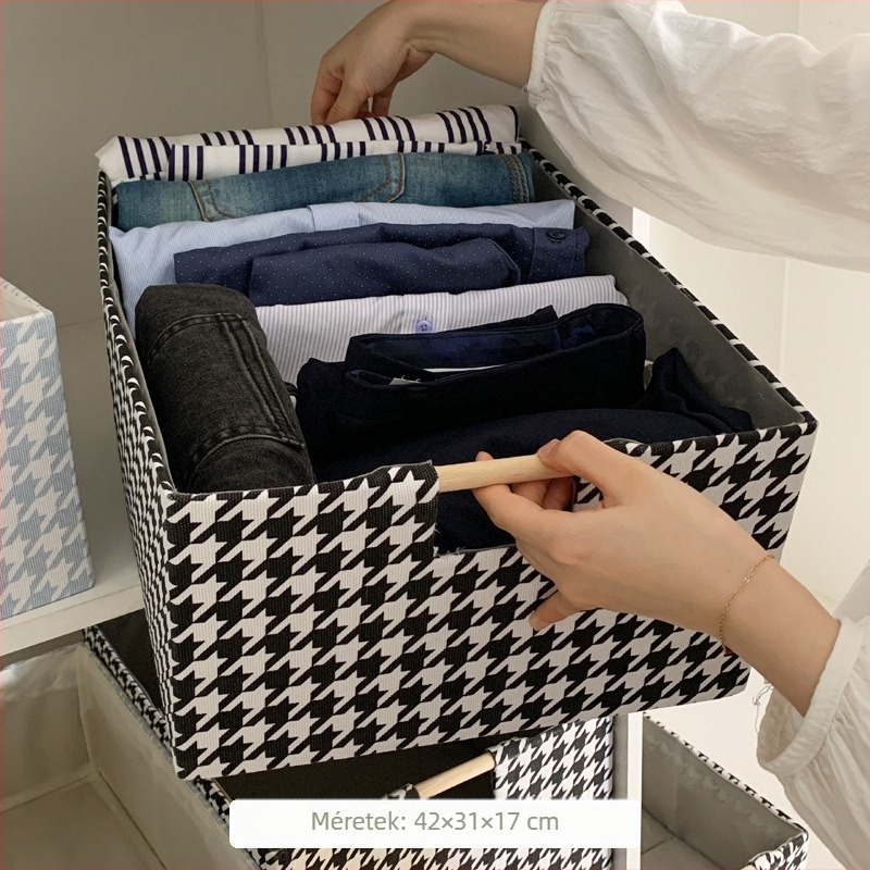 Összecsukható textil-asztali tároló, tömörfa fogantyúval, houndstooth minta, fiókkal, ruhák és nassolnivalók rendezője