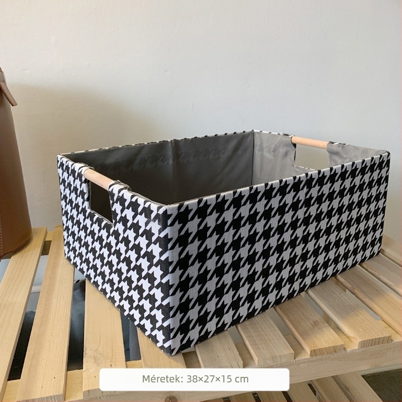Összecsukható textil-asztali tároló, tömörfa fogantyúval, houndstooth minta, fiókkal, ruhák és nassolnivalók rendezője