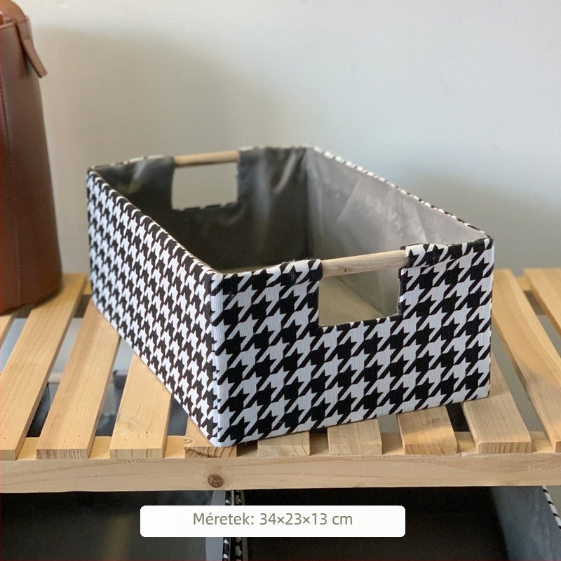 Összecsukható textil-asztali tároló, tömörfa fogantyúval, houndstooth minta, fiókkal, ruhák és nassolnivalók rendezője