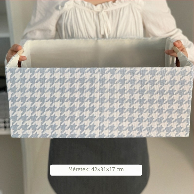 Összecsukható textil-asztali tároló, tömörfa fogantyúval, houndstooth minta, fiókkal, ruhák és nassolnivalók rendezője