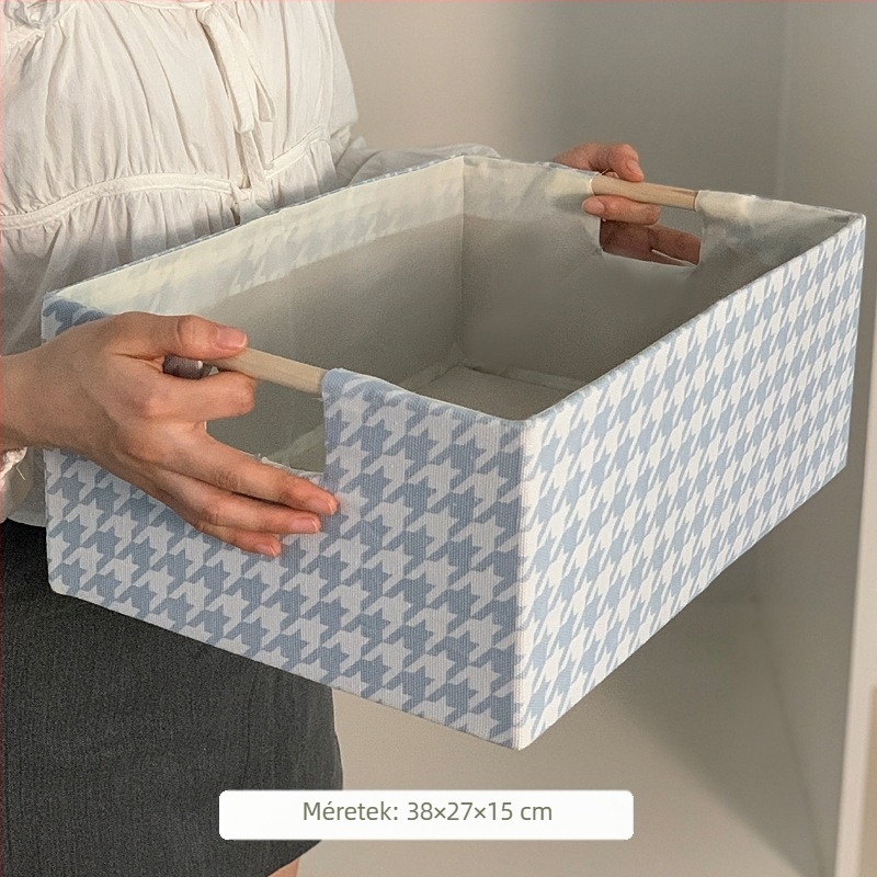 Összecsukható textil-asztali tároló, tömörfa fogantyúval, houndstooth minta, fiókkal, ruhák és nassolnivalók rendezője