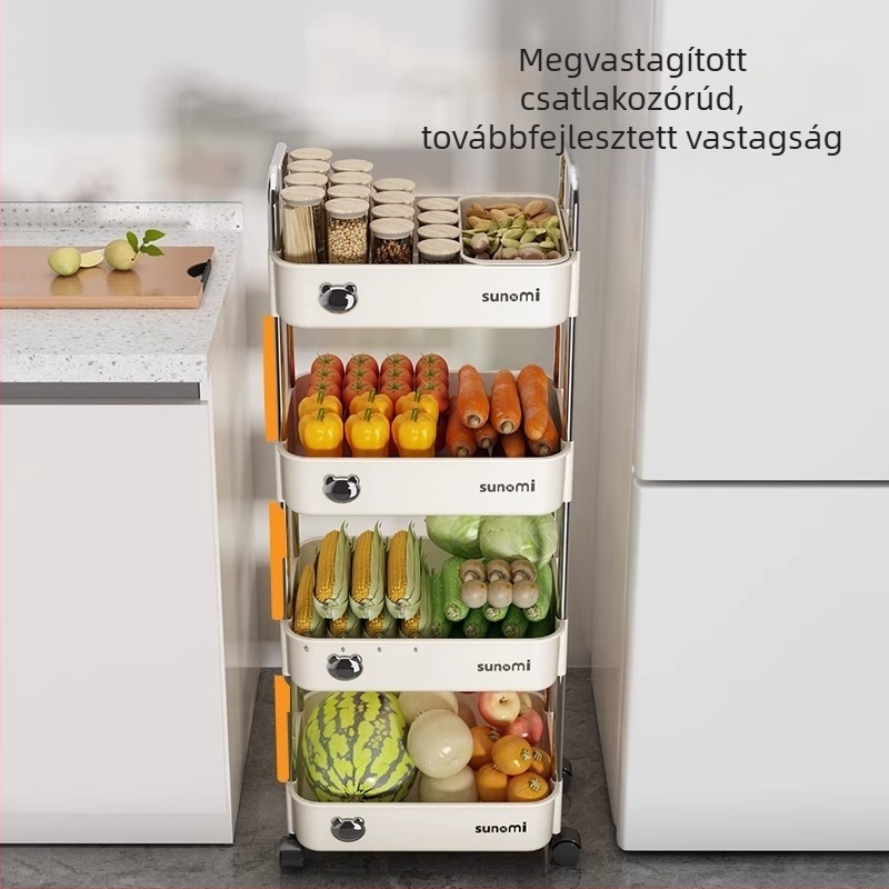 Hat szintes, álló konyhai kocsi élelmiszer- és gyümölcs-zöldség tárolására, szénacélból
