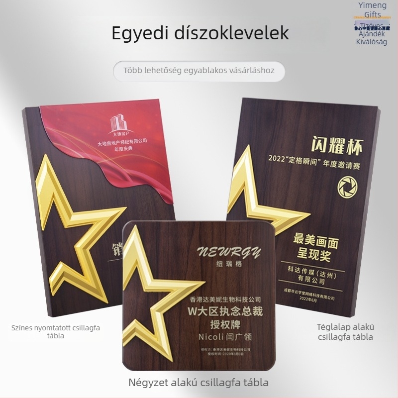 Prémium mű diófa imitációjú díjplakett állvánnyal, testreszabható díszplakett és igazolás