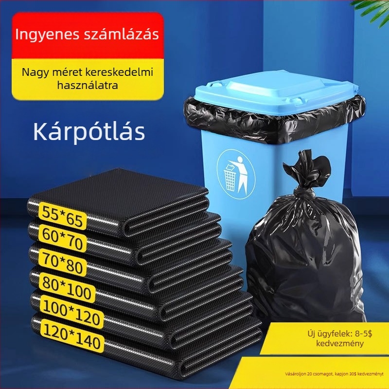 Fekete, extra nagy kapacitású hulladékzsákok, nyitott felső, kereskedelmi használatra kültéren tisztítás, catering és ingatlanüzemeltetés céljára