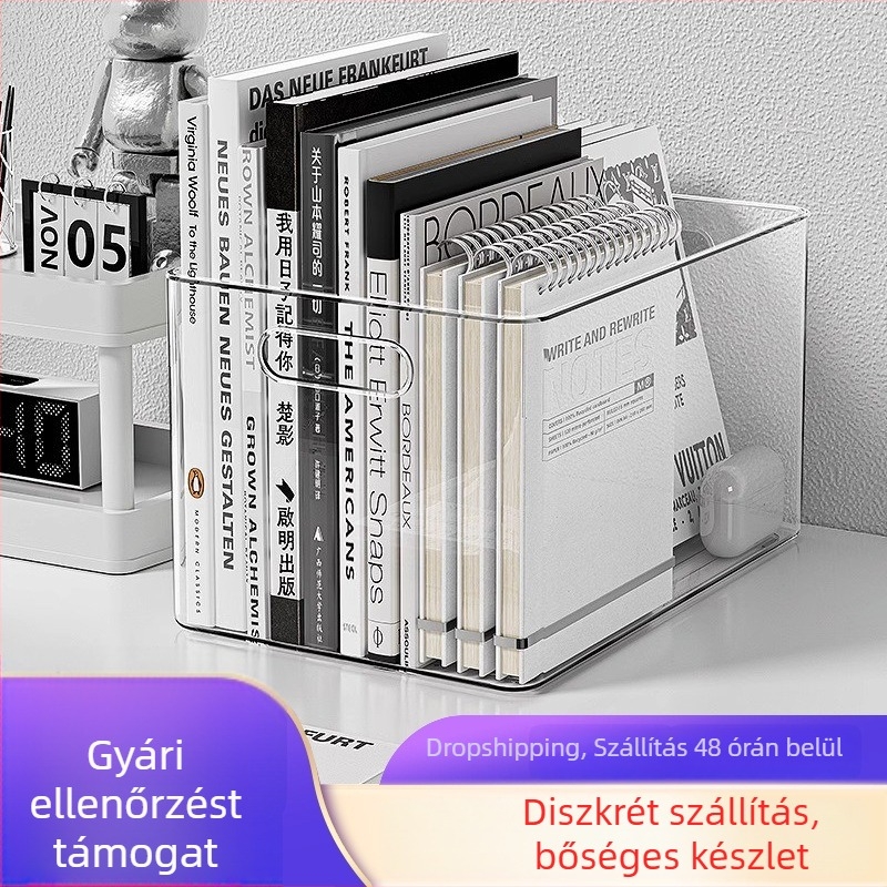 Átlátszó akril asztali tároló – téglalap alakú szervező könyveknek, irodai kellékeknek, apró tárgyaknak és nassolnivalóknak