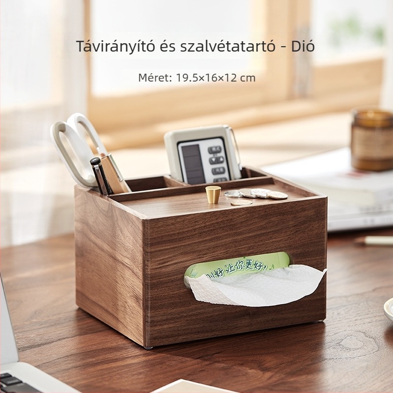 Fa asztali rendező diófából készült zsebkendő tartóval és távirányító-tárolóval, nappaliba és kávéasztalhoz