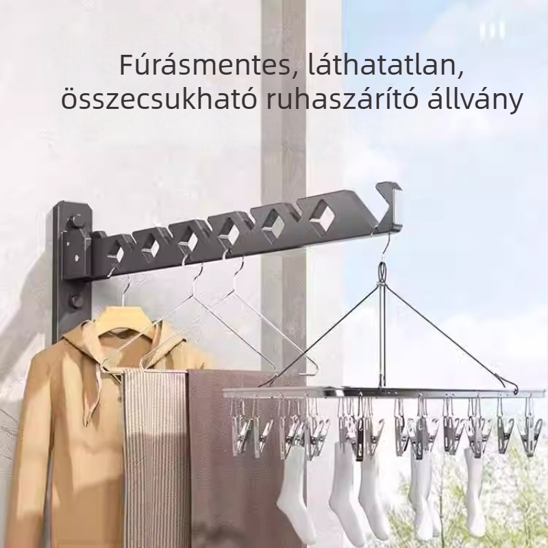 Fúrás nélküli, összecsukható ruhaszárító ablakokra és erkélyekre, láthatatlan ruhaszárító rúd a fürdőszobához, falra szerelt