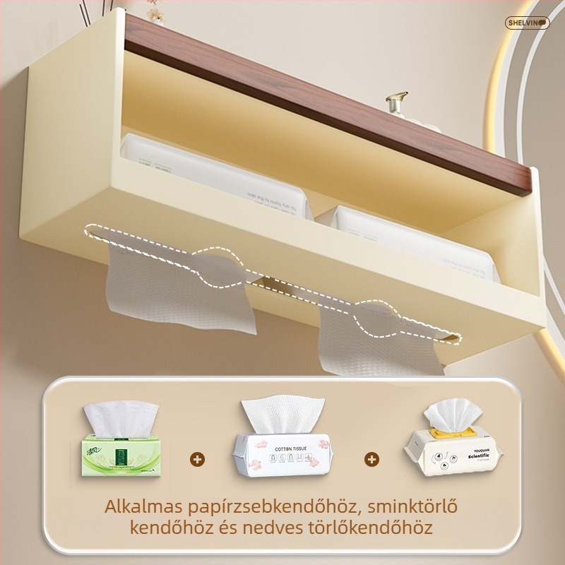 Diófa faanyagú zsebkendő tartó és fürdőszobai polc, levehető és mosható, fúrás nélküli szerelés
