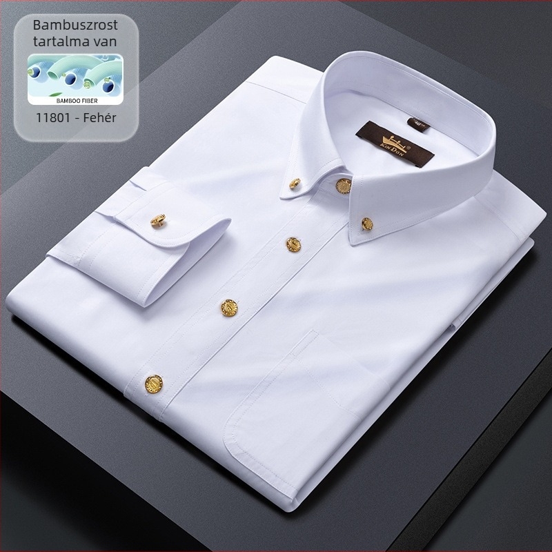 Új férfi hosszú ujjú ing üzleti slim-fit, réz gombokkal, rugalmas, gyűrődésálló, vasalást nem igényel