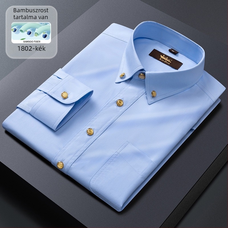 Új férfi hosszú ujjú ing üzleti slim-fit, réz gombokkal, rugalmas, gyűrődésálló, vasalást nem igényel