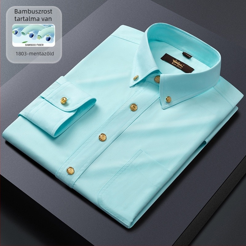 Új férfi hosszú ujjú ing üzleti slim-fit, réz gombokkal, rugalmas, gyűrődésálló, vasalást nem igényel