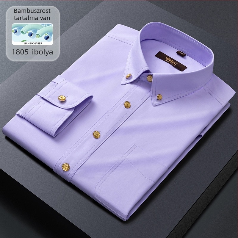 Új férfi hosszú ujjú ing üzleti slim-fit, réz gombokkal, rugalmas, gyűrődésálló, vasalást nem igényel