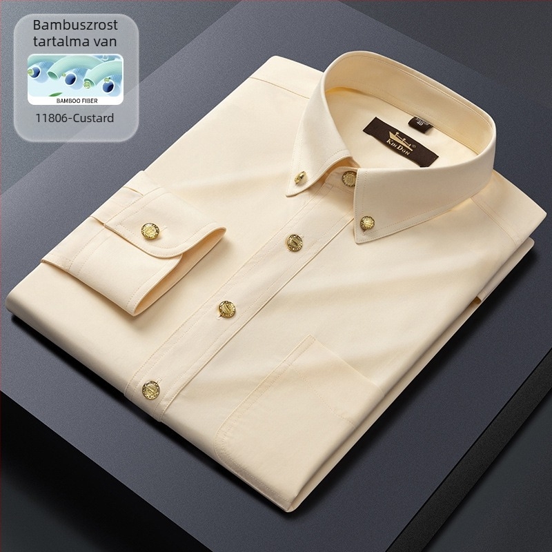 Új férfi hosszú ujjú ing üzleti slim-fit, réz gombokkal, rugalmas, gyűrődésálló, vasalást nem igényel
