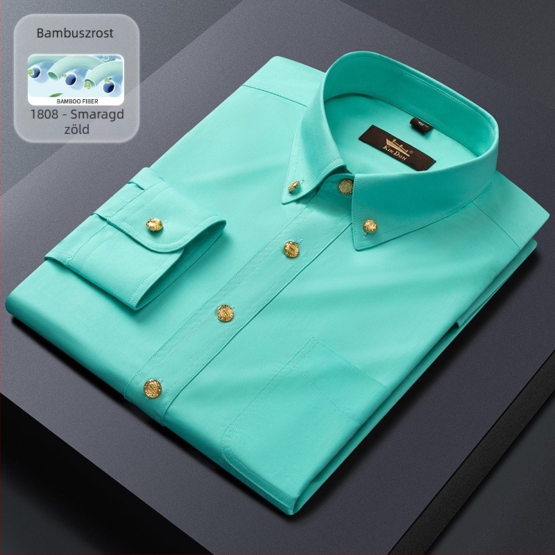Új férfi hosszú ujjú ing üzleti slim-fit, réz gombokkal, rugalmas, gyűrődésálló, vasalást nem igényel