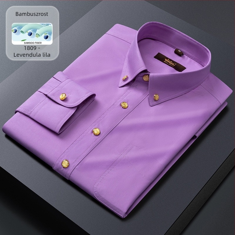 Új férfi hosszú ujjú ing üzleti slim-fit, réz gombokkal, rugalmas, gyűrődésálló, vasalást nem igényel
