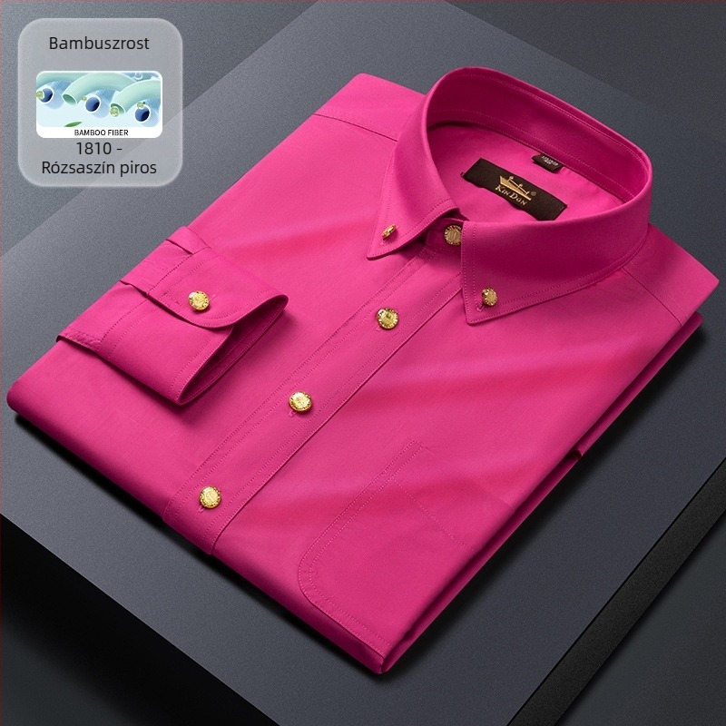Új férfi hosszú ujjú ing üzleti slim-fit, réz gombokkal, rugalmas, gyűrődésálló, vasalást nem igényel