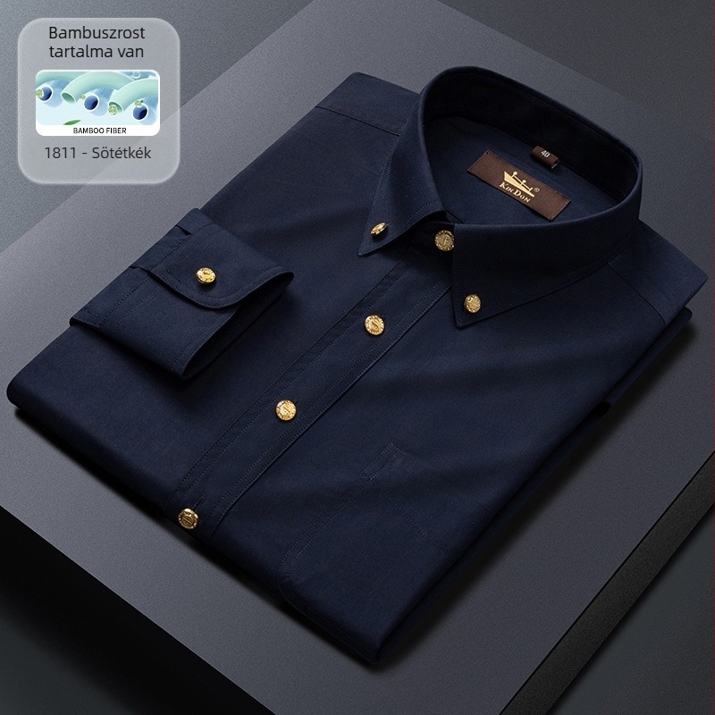 Új férfi hosszú ujjú ing üzleti slim-fit, réz gombokkal, rugalmas, gyűrődésálló, vasalást nem igényel