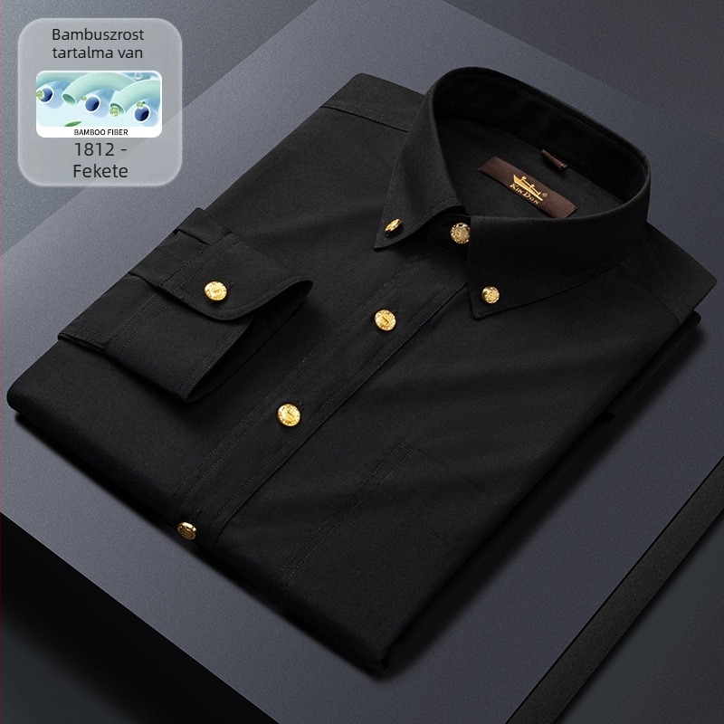 Új férfi hosszú ujjú ing üzleti slim-fit, réz gombokkal, rugalmas, gyűrődésálló, vasalást nem igényel