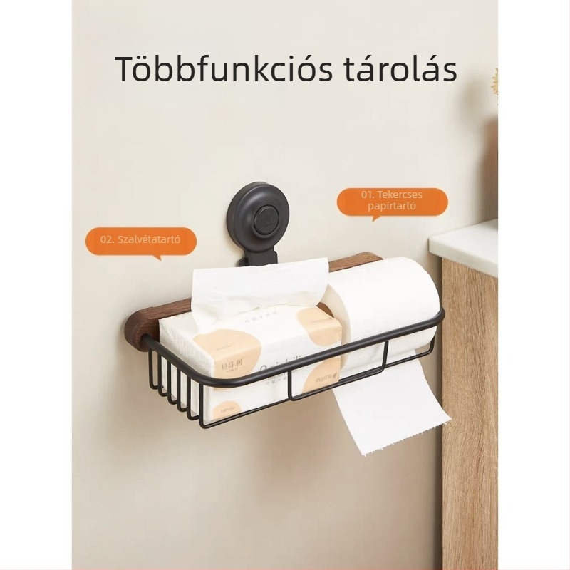 Fúrás nélküli fürdőszobai papírzsepi tartó fekete diófából, falra szerelhető középkori stílusban