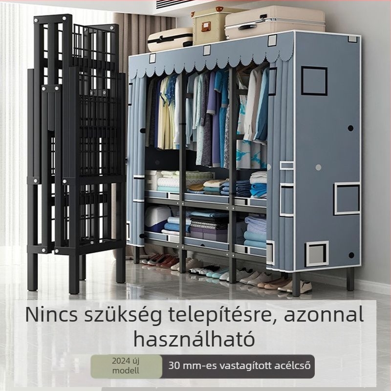 Összeszerelés nélkül használható ruhásszekrény, vastagított hajtogatható textil ruhásszekrény acélvázú, masszív és tartós