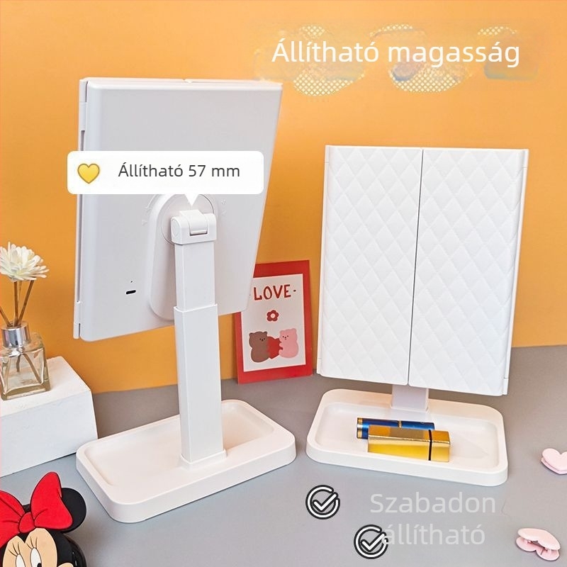 Kihúzható asztali LED sminktükör világítással és tároló dobozzal