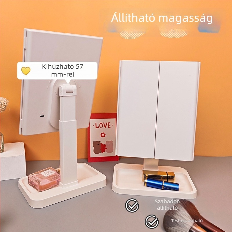 Kihúzható asztali LED sminktükör világítással és tároló dobozzal