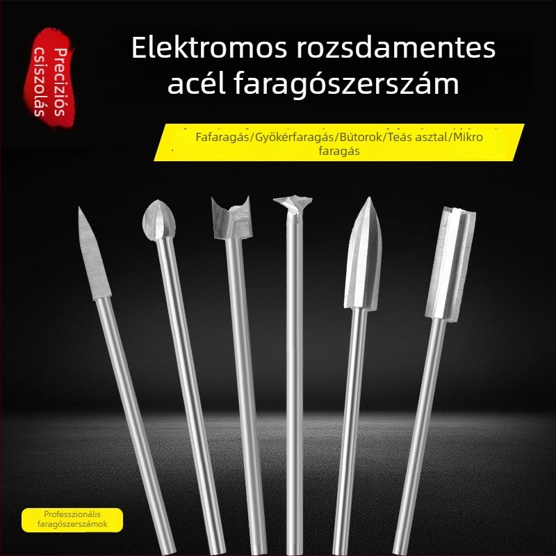 Elektronikus fafaragó készlet: vésőkkel, marófejekkel és tartozékokkal gyökér- és díszfaragáshoz