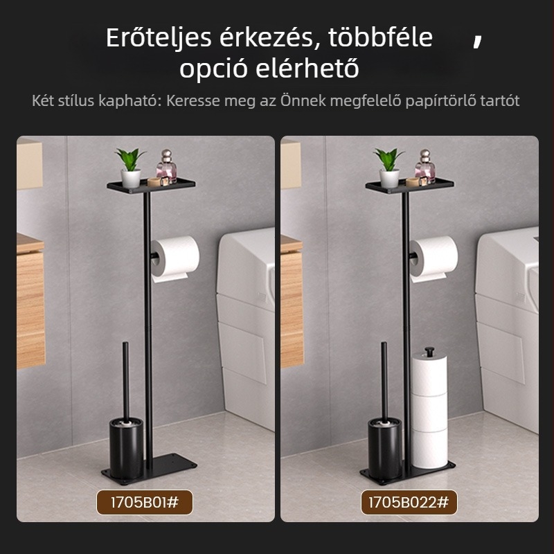 Fürdőszobai padlón álló WC-papír tartó, levehető WC-kefe tartó és tekercstároló