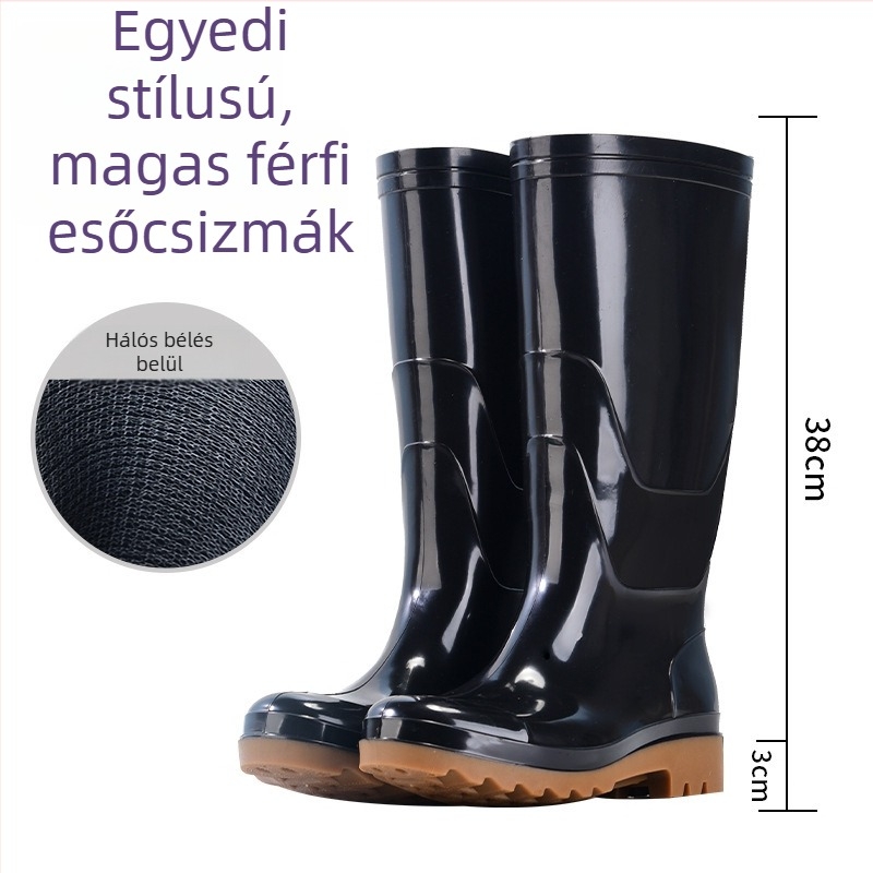 Férfiaknak magas szárú esőcsizmák, vízálló gumicsizmák, divatos esőcipő, konyhai munka cipő, csúszásmentes