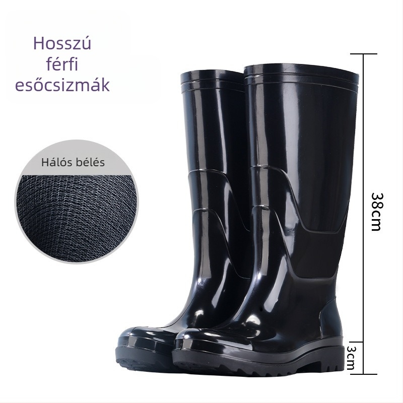 Férfiaknak magas szárú esőcsizmák, vízálló gumicsizmák, divatos esőcipő, konyhai munka cipő, csúszásmentes