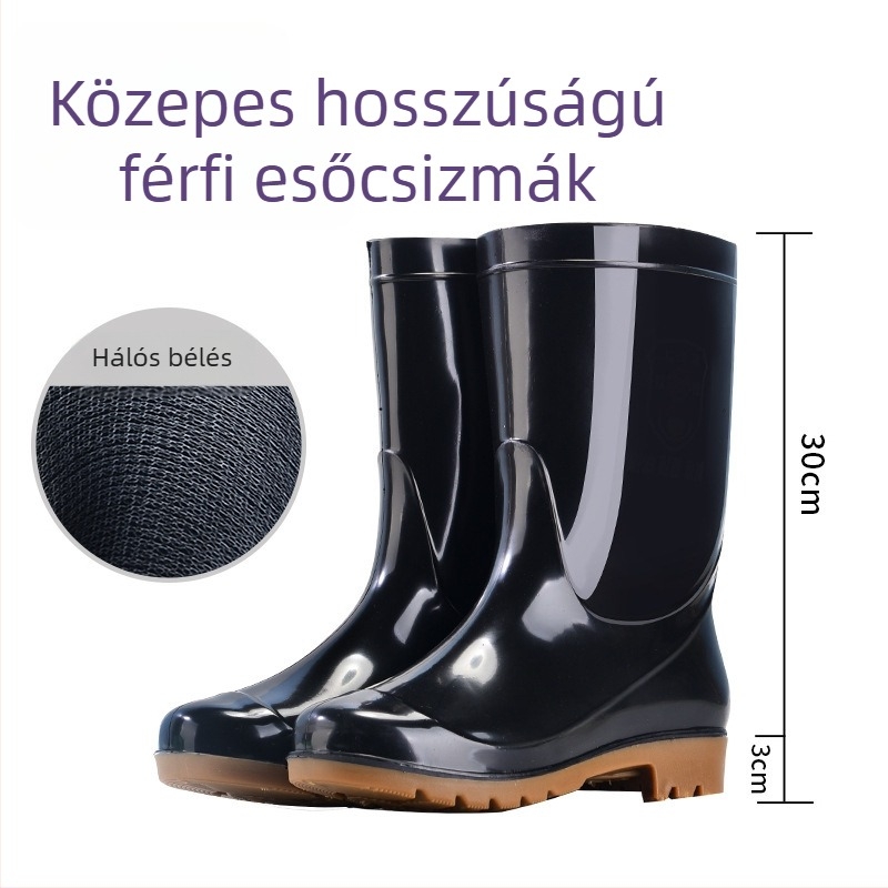 Férfiaknak magas szárú esőcsizmák, vízálló gumicsizmák, divatos esőcipő, konyhai munka cipő, csúszásmentes