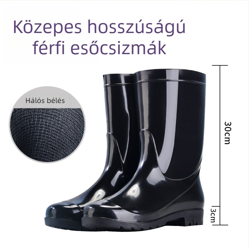 Férfiaknak magas szárú esőcsizmák, vízálló gumicsizmák, divatos esőcipő, konyhai munka cipő, csúszásmentes