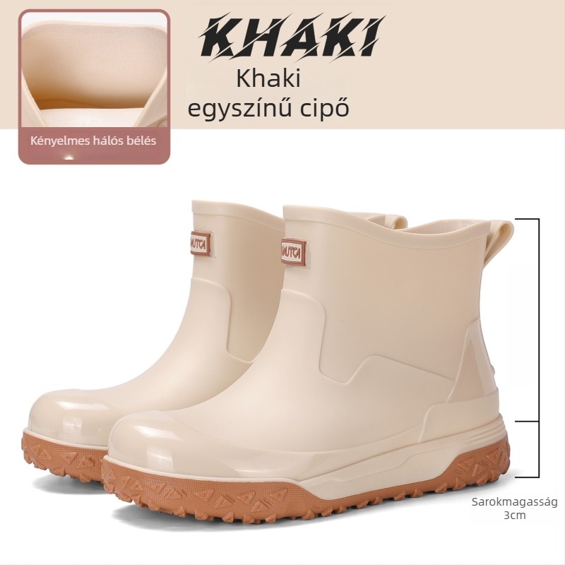 Férfiaknak készült rövid esőcsizma, divatos és masszív, vízálló PVC felsőrész, műanyag talp, csúszásmentes, kopásálló, mindennapi kültéri használatra.