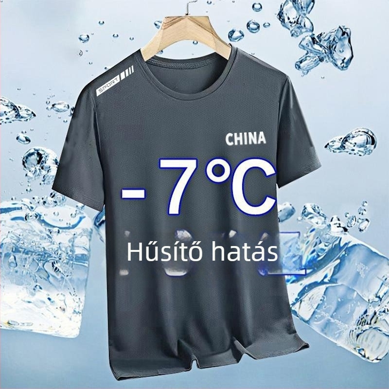 Férfiaknak szóló rövid ujjú Ice Silk póló, kerek nyak, laza szabás, nyár 2025