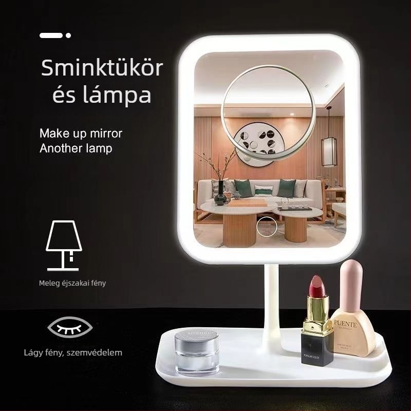 LED-es sminktükör világítással, asztali kompakt sminktükör