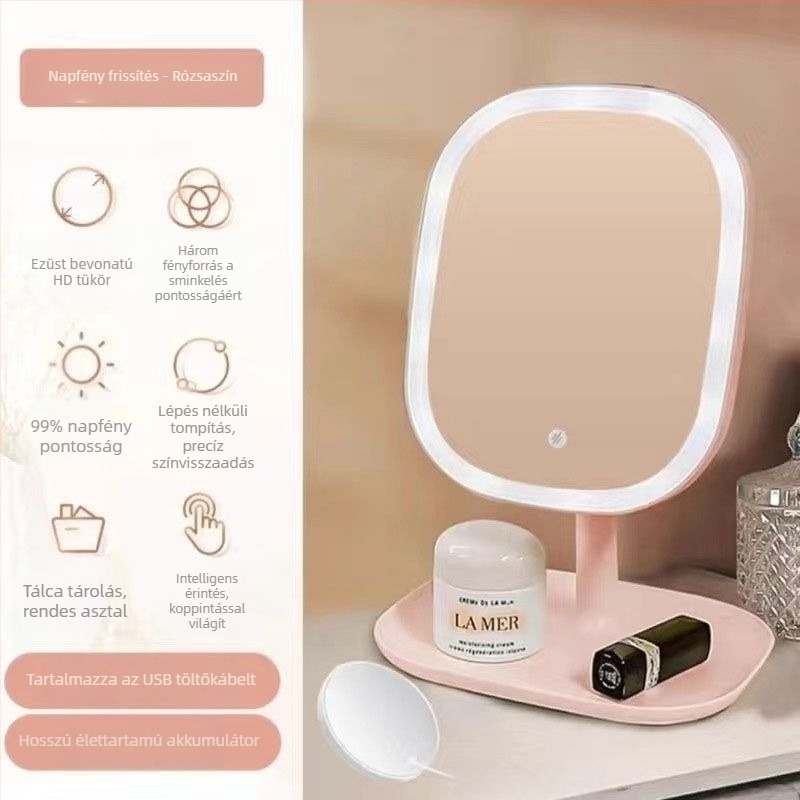 LED-es sminktükör világítással, asztali kompakt sminktükör