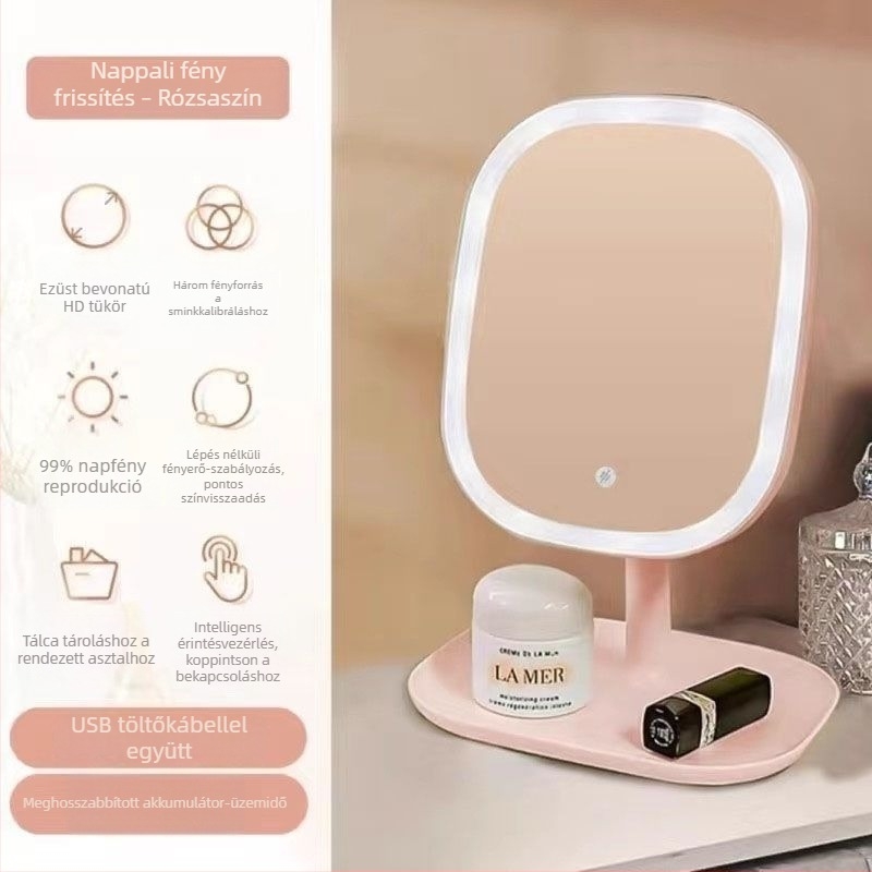 LED-es sminktükör világítással, asztali kompakt sminktükör