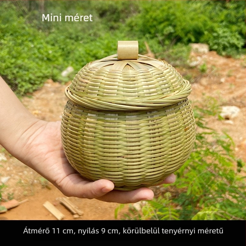 Kézműves bambusz tárolókosár fedővel