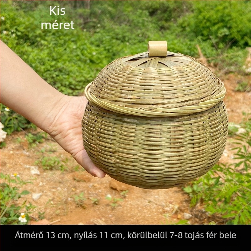 Kézműves bambusz tárolókosár fedővel